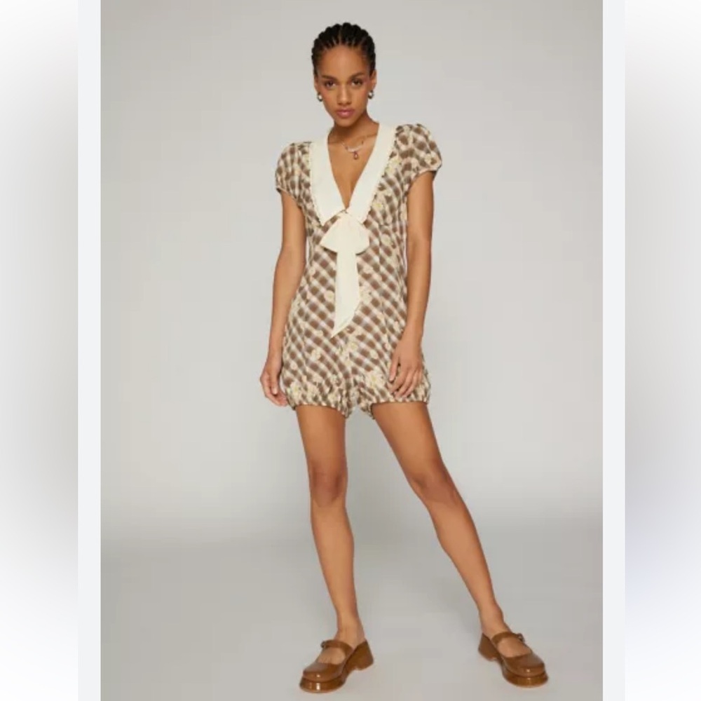 Kimchi Blue Brown and Cream Checkered Romper with Cream Collar—NWT
